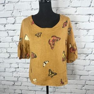 Viola Borghi Italian Linen Butterfly Top Sz Small Caramel Butterfly Boho Artsy